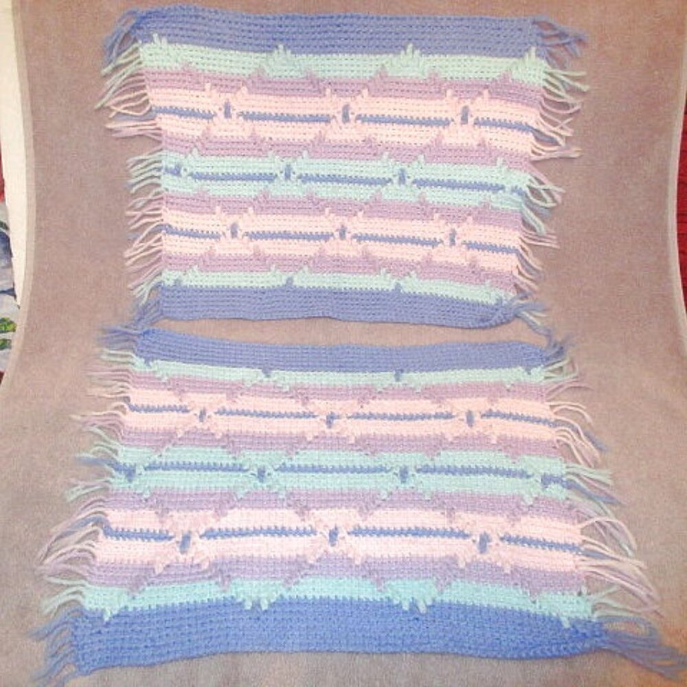Vintage 70s Hand Knit Placemats Set Of 2 Textured Fringe Pastel Boho Table Decor